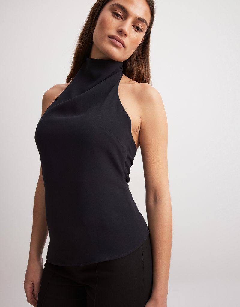 NA-KD cowl high neck tie back top in black NAKD