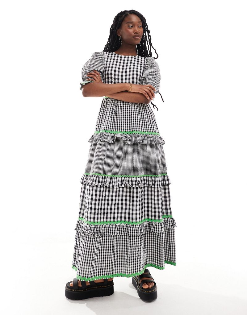 Neon Rose tiered puff sleeve gingham midi dress in black Neon Rose