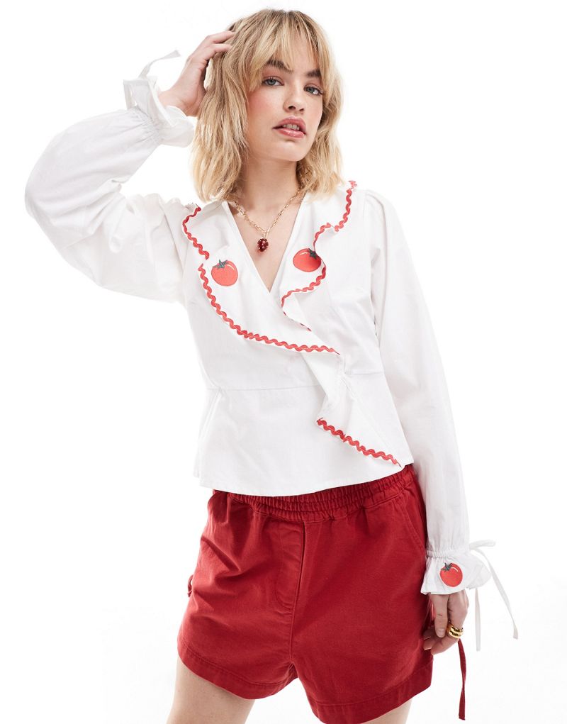 Neon Rose rik-rak detail wrap front blouse in white Neon Rose