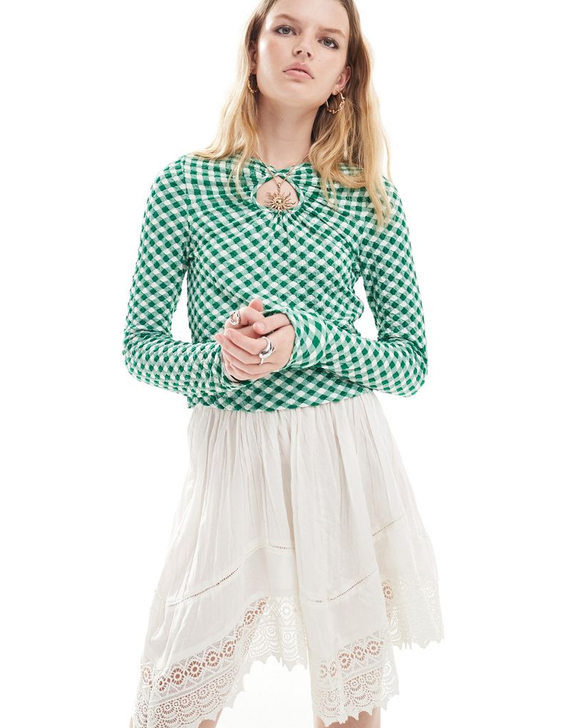 Neon Rose slinky gingham long sleeve keyhole top in green Neon Rose