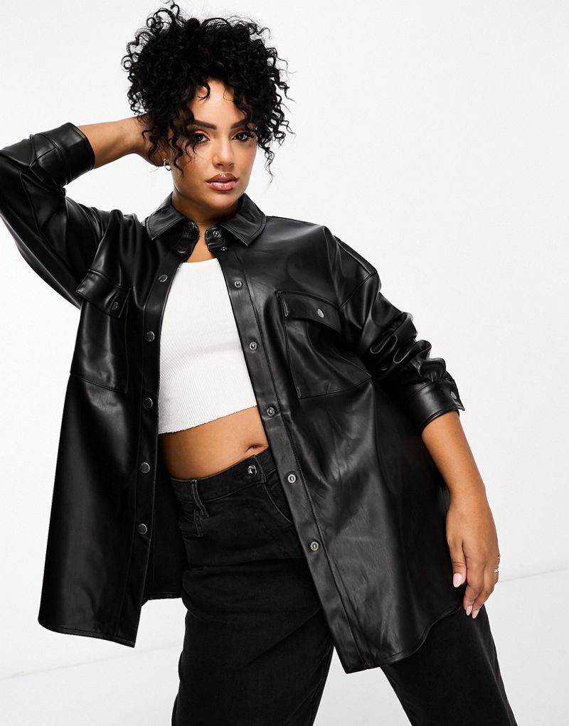 Noisy May Curve faux leather shirt in black Noisy May