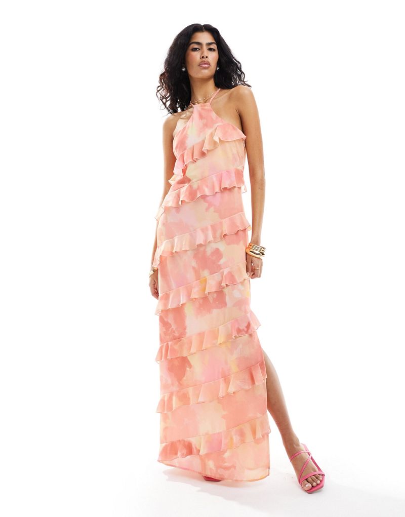 Pretty Lavish Katy ruffle maxi dress with split in pink floral Pretty Lavish