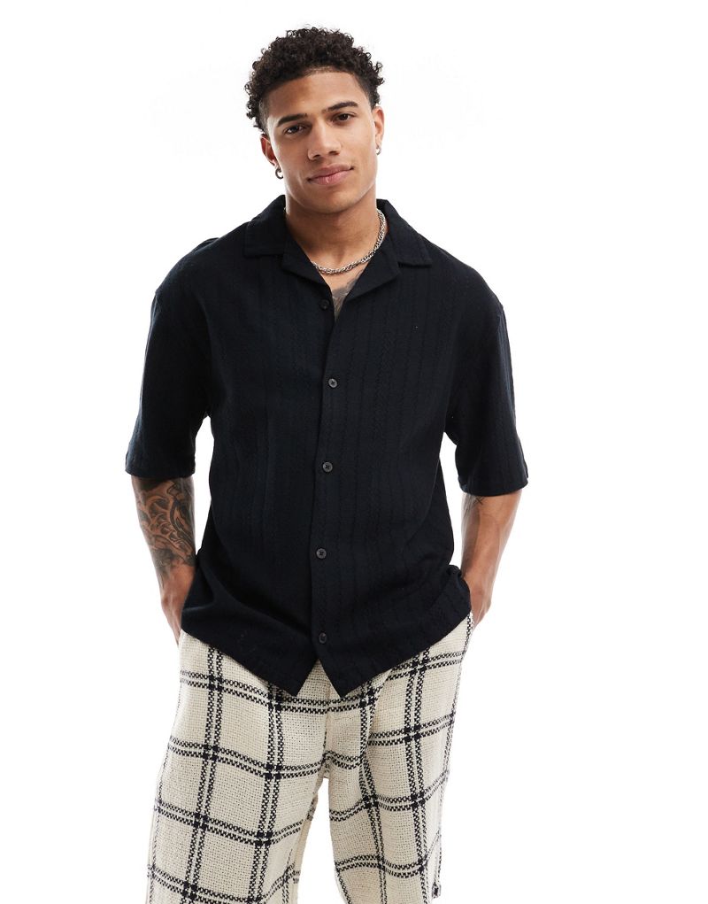 Pull&Bear short sleeve textured shirt in black Pull&Bear