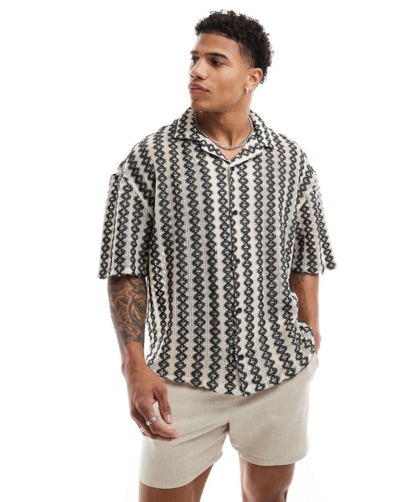 Pull&Bear textured geometric patterned shirt in black and white Pull&Bear