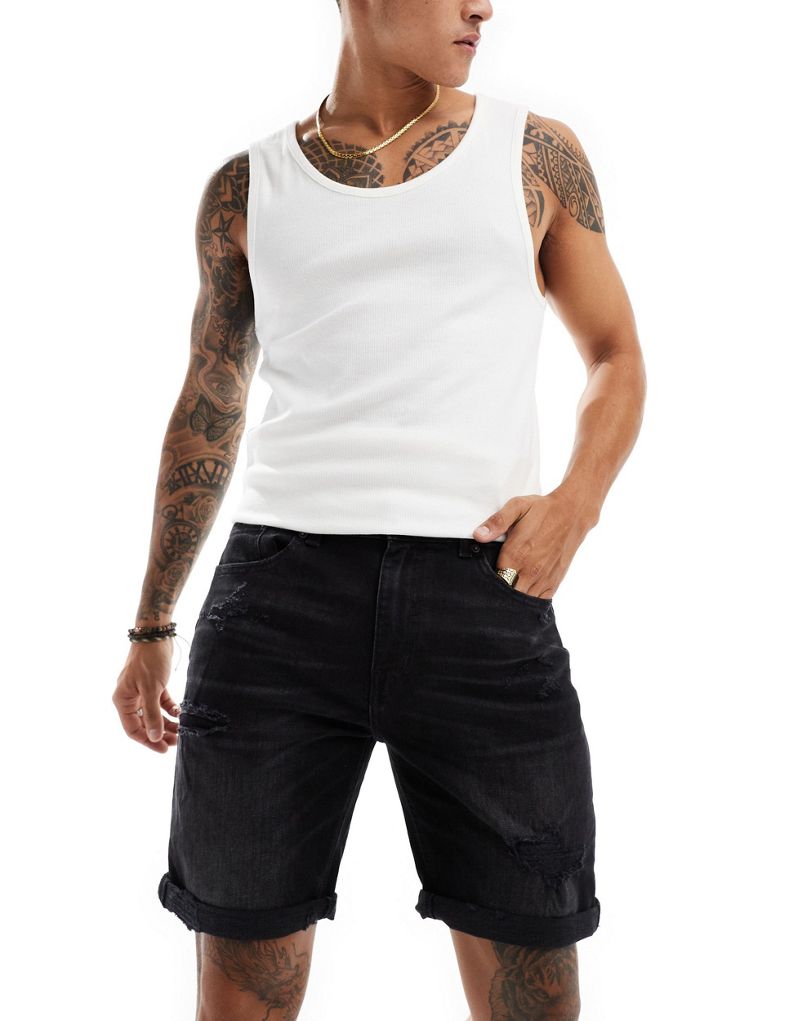 Pull&Bear slim fit ripped denim shorts in washed black Pull&Bear