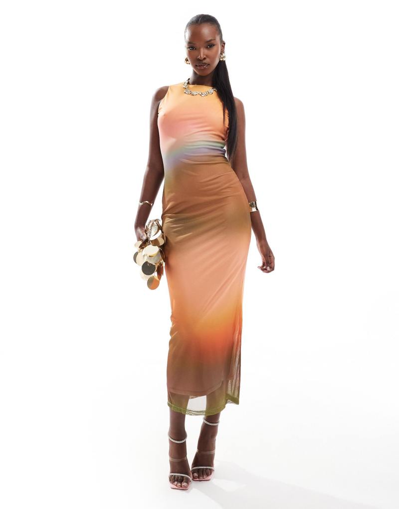 Rare London mesh racer neck maxi dress in orange ombre Rare