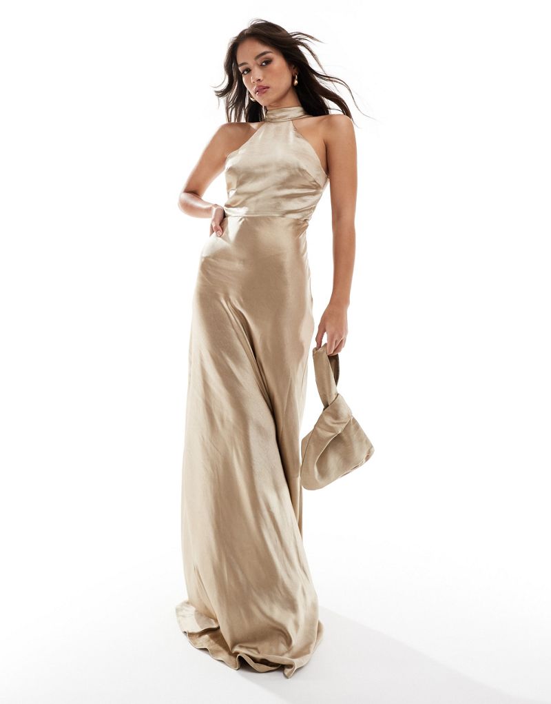 Six Stories Bridesmaid satin halter maxi dress in champagne Six Stories