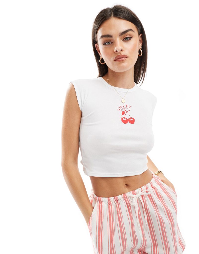 Stradivarius cherry tee with open back in white Stradivarius