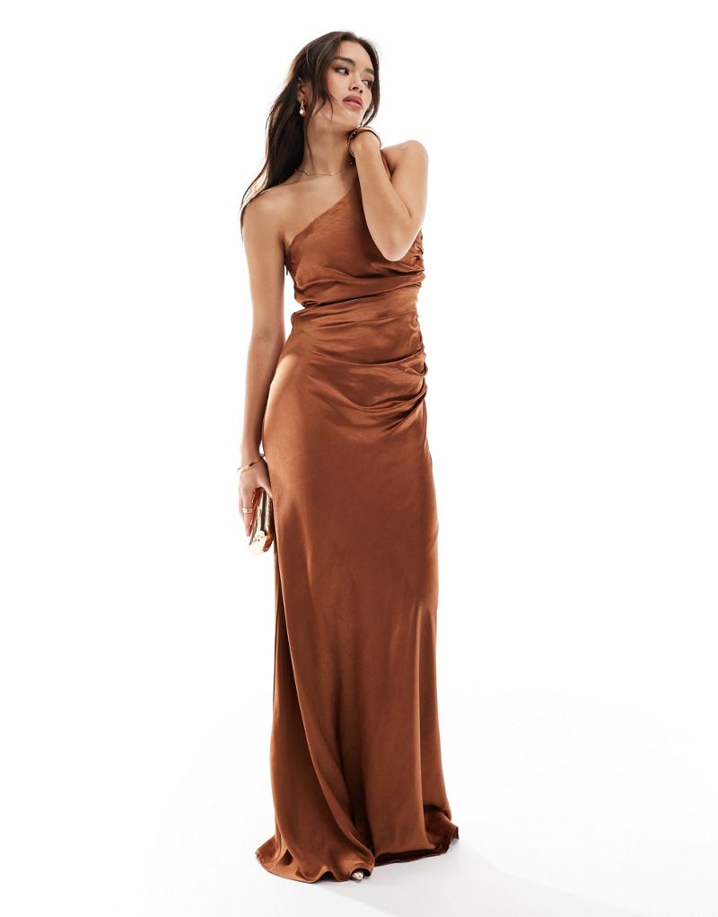 Six Stories Bridesmaid satin one shoulder maxi dress in rust Six Stories