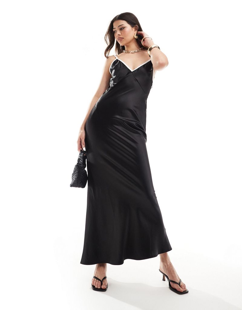 SNDYS satin cami plunge maxi dress with contrast seam detail in black SNDYS