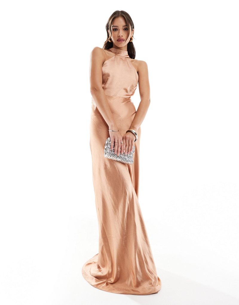 Six Stories Bridesmaid satin halter maxi dress in burnt peach - part of a set Six Stories