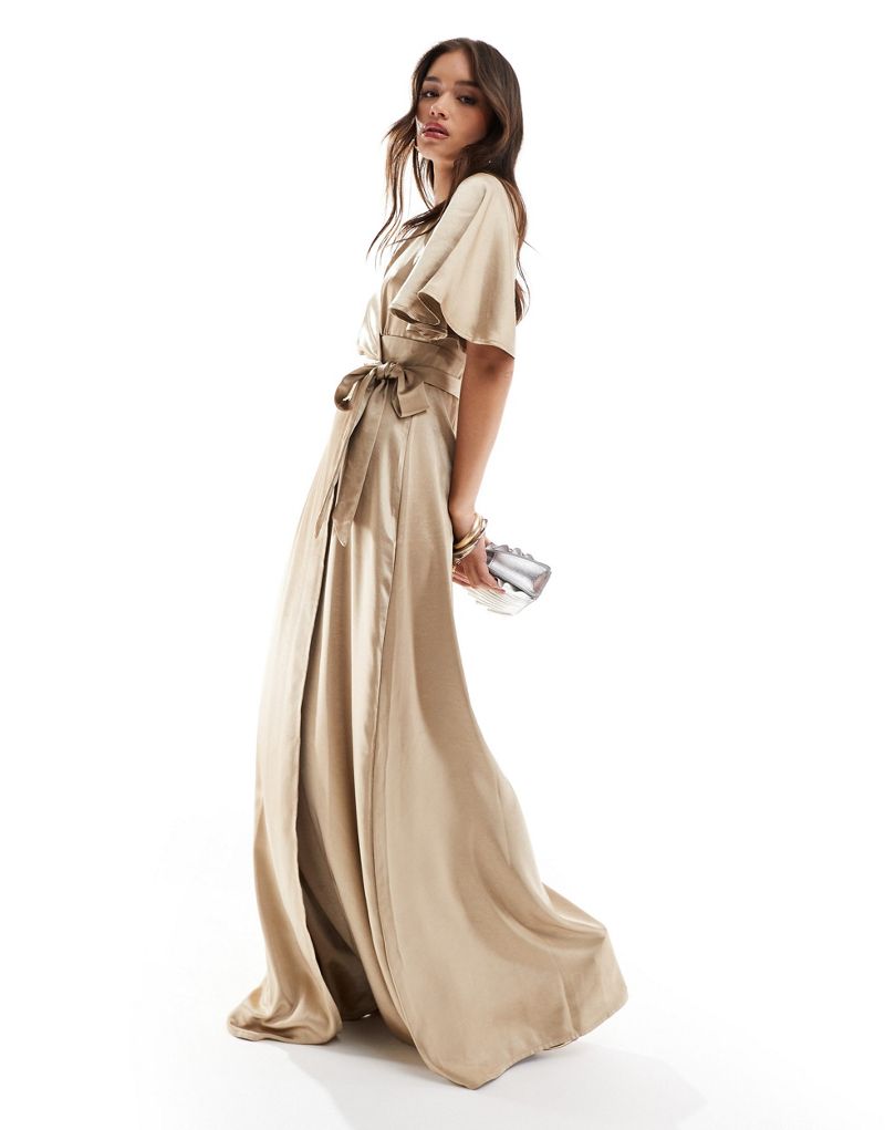 Six Stories Bridesmaid satin angel sleeve maxi dress in champagne - part of a set Six Stories