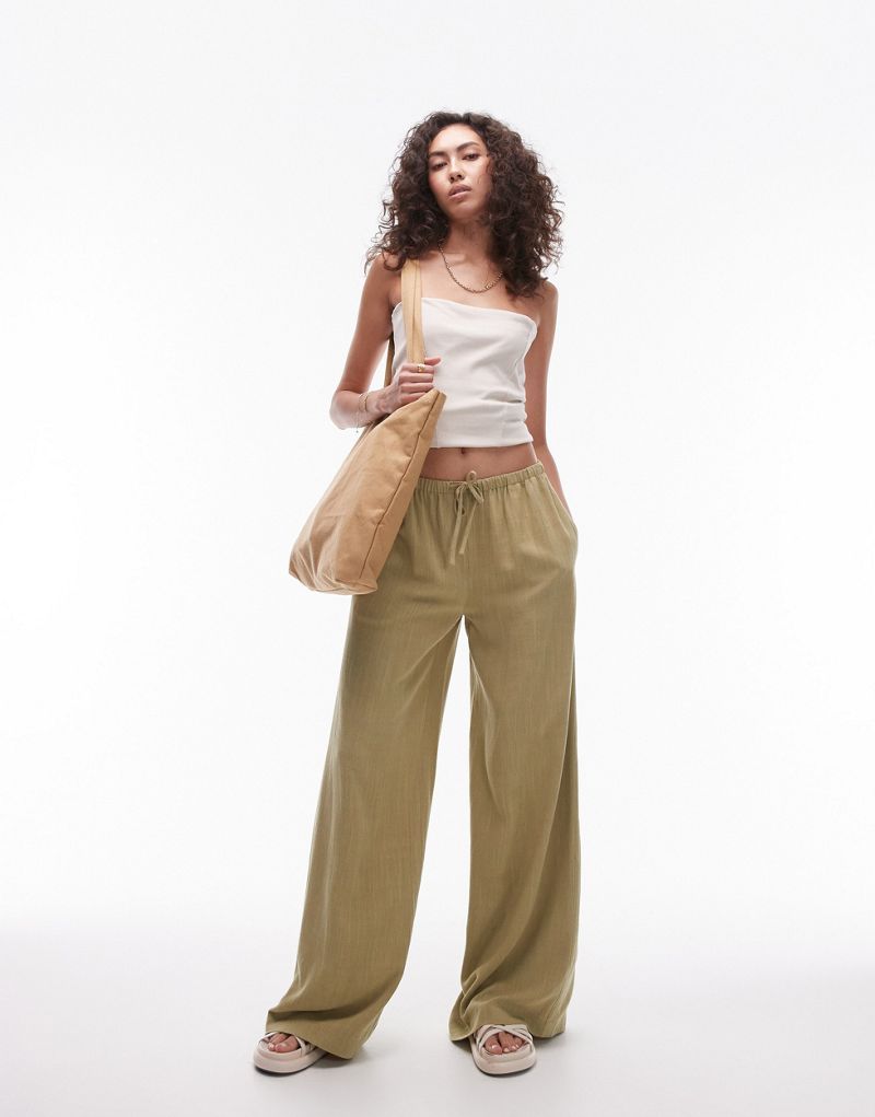 Topshop Tall linen tie waist pants in khaki Topshop Tall