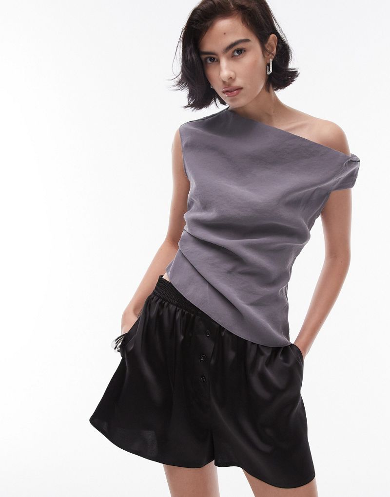 Topshop faux soft touch asymmetric top in charcoal TOPSHOP