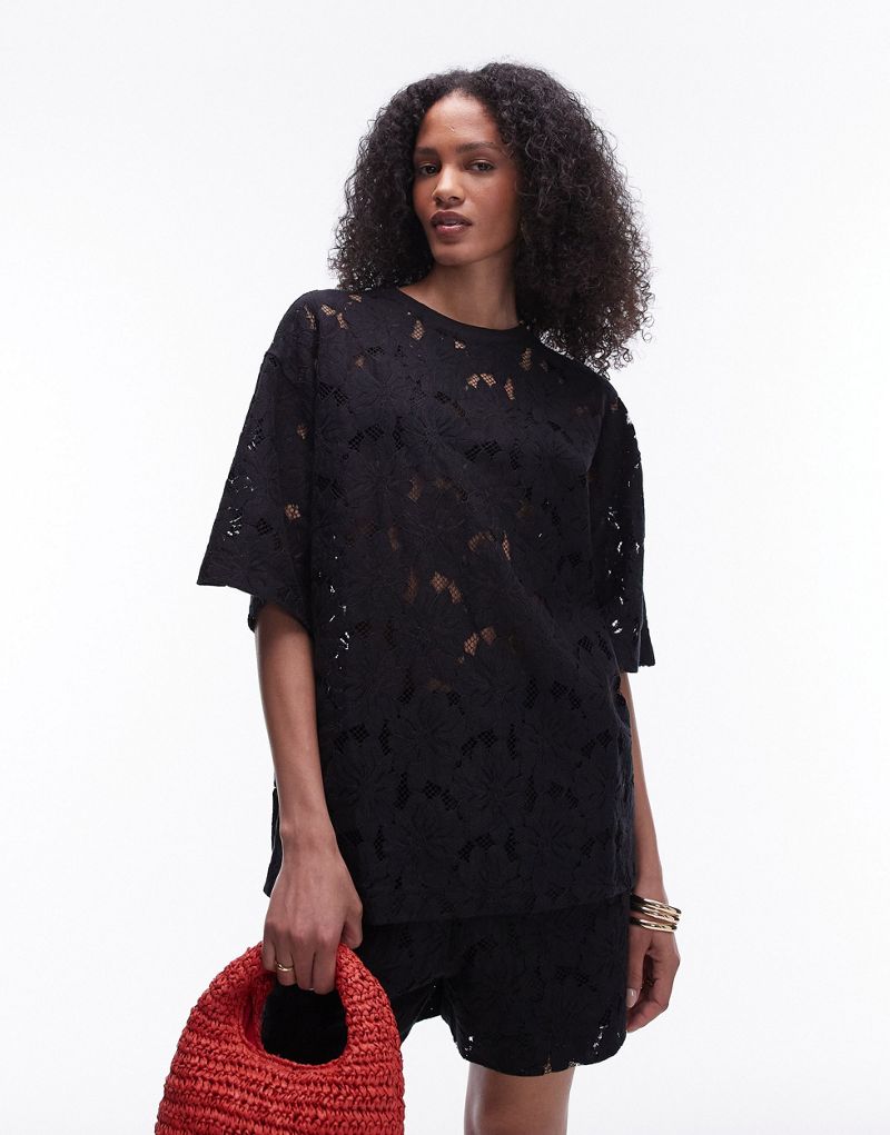 Topshop lace oversized tee in black - part of a set TOPSHOP