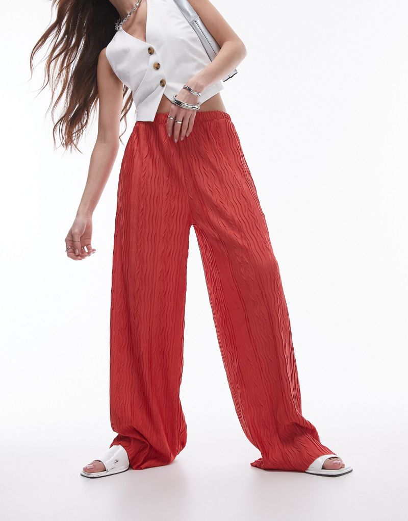 Topshop crinkle plisse pants in red TOPSHOP