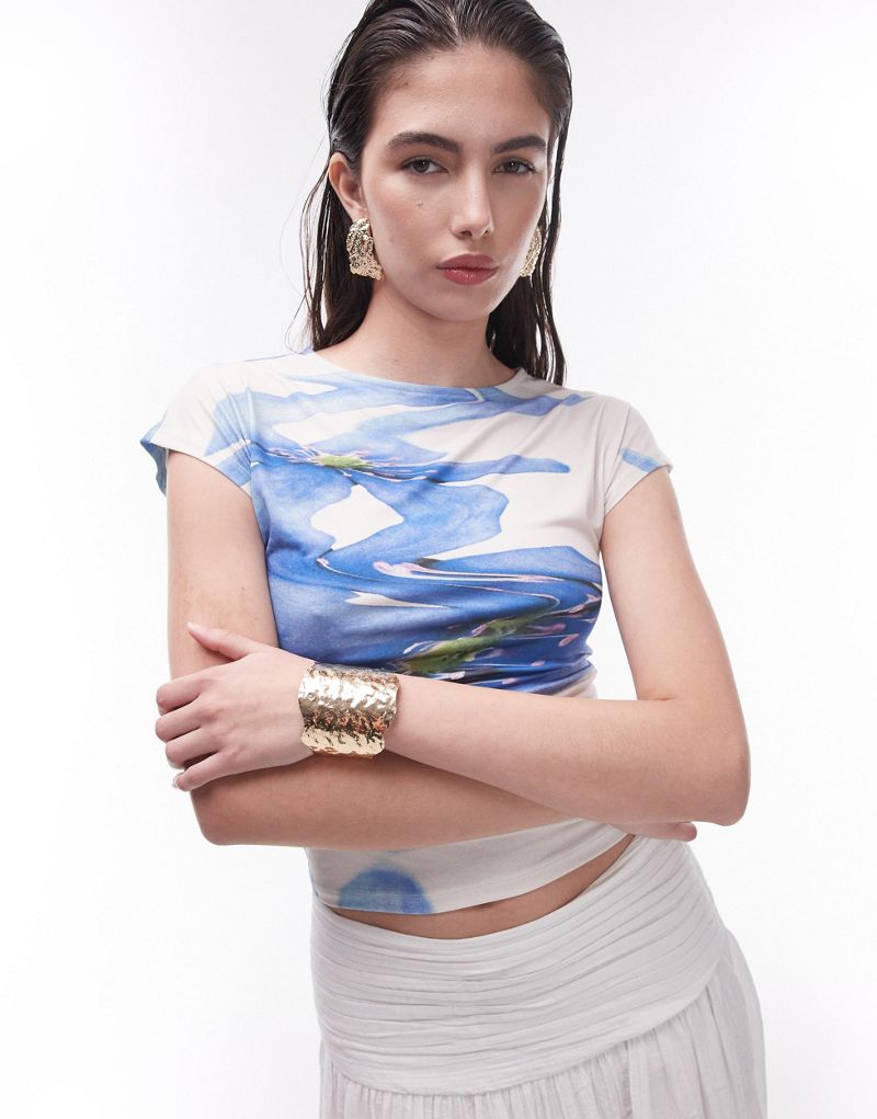 Topshop abstract watercolor cap sleeve top in blue TOPSHOP