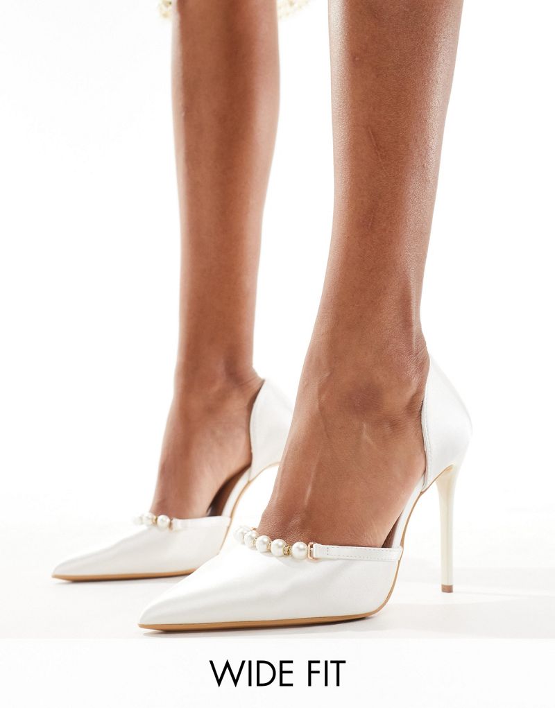 Truffle Collection wide fit bridal high heel embellished pumps in ivory sateen Truffle Collection