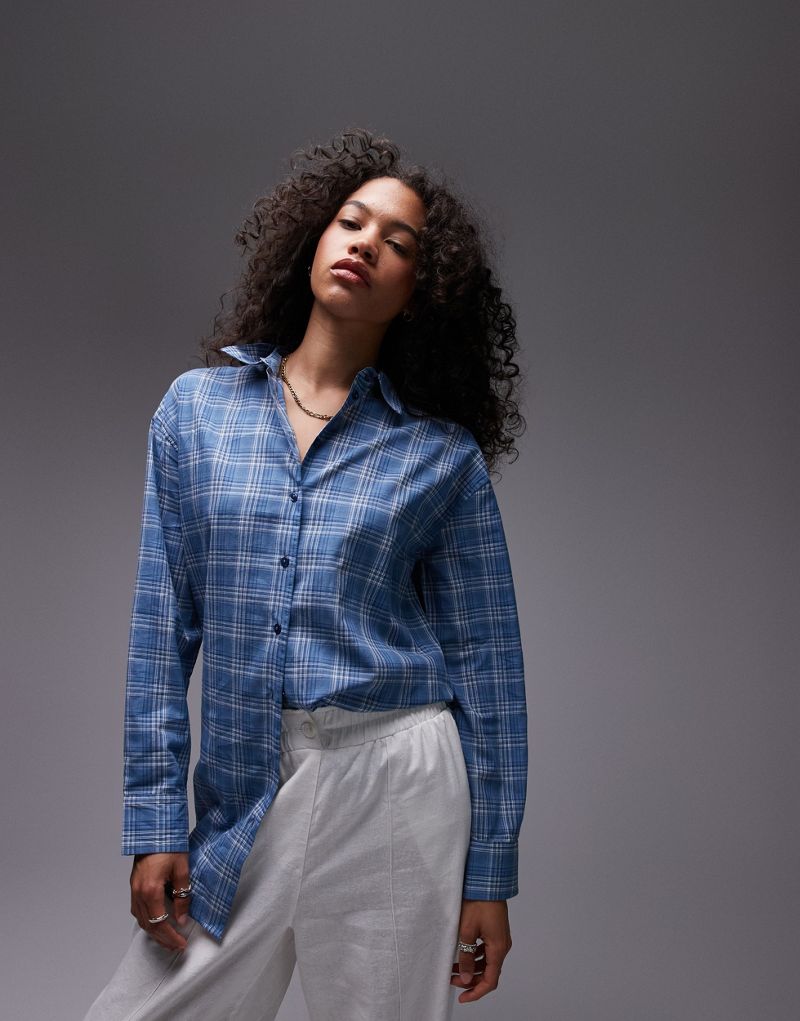 Topshop longline shirt in blue check TOPSHOP