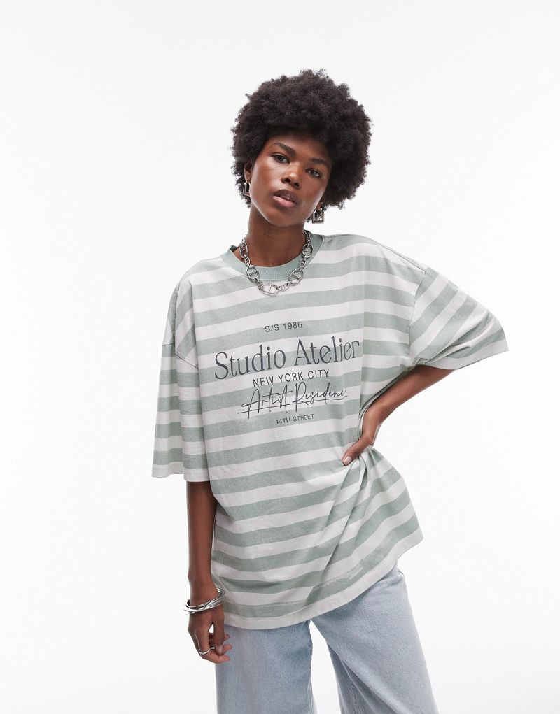 Topshop graphic studio atelier stripe oversized tee in green TOPSHOP