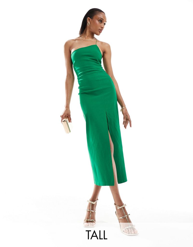 Vesper Tall one shoulder spaghetti strap thigh split midaxi dress in emerald Vesper Tall