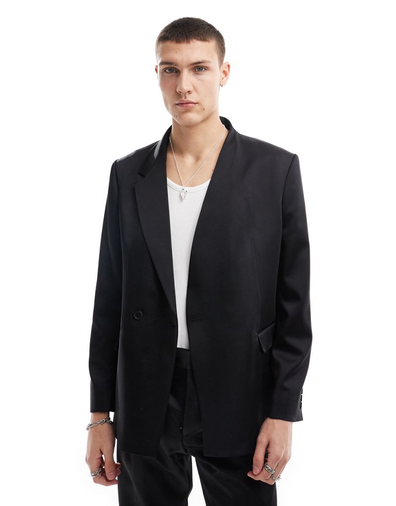 Viggo asymmetric suit jacket in black high shine  Viggo