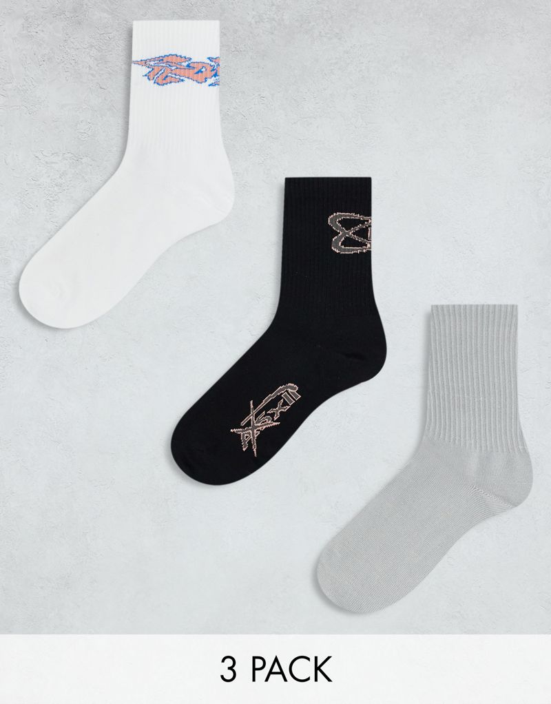 Weekday sports socks 3-pack with gaming graphics in gray white and black Weekday