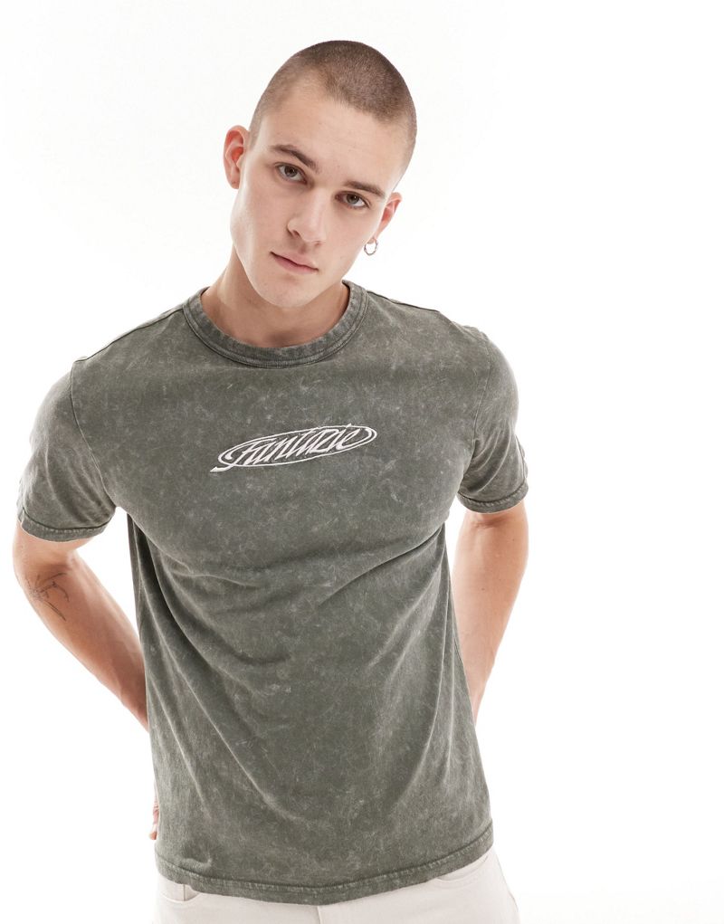 Weekday Toby boxy fit T-shirt with graphic print in khaki acid wash Weekday