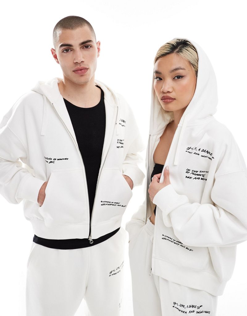 Weekday Unisex boxy fit zip up hoodie with graphic text print in off-white - part of a set - Exclusive to ASOS Weekday