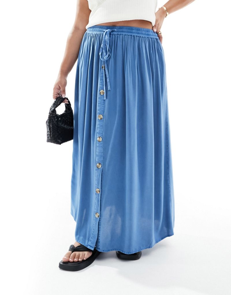 Yours button up midi skirt in light blue Yours