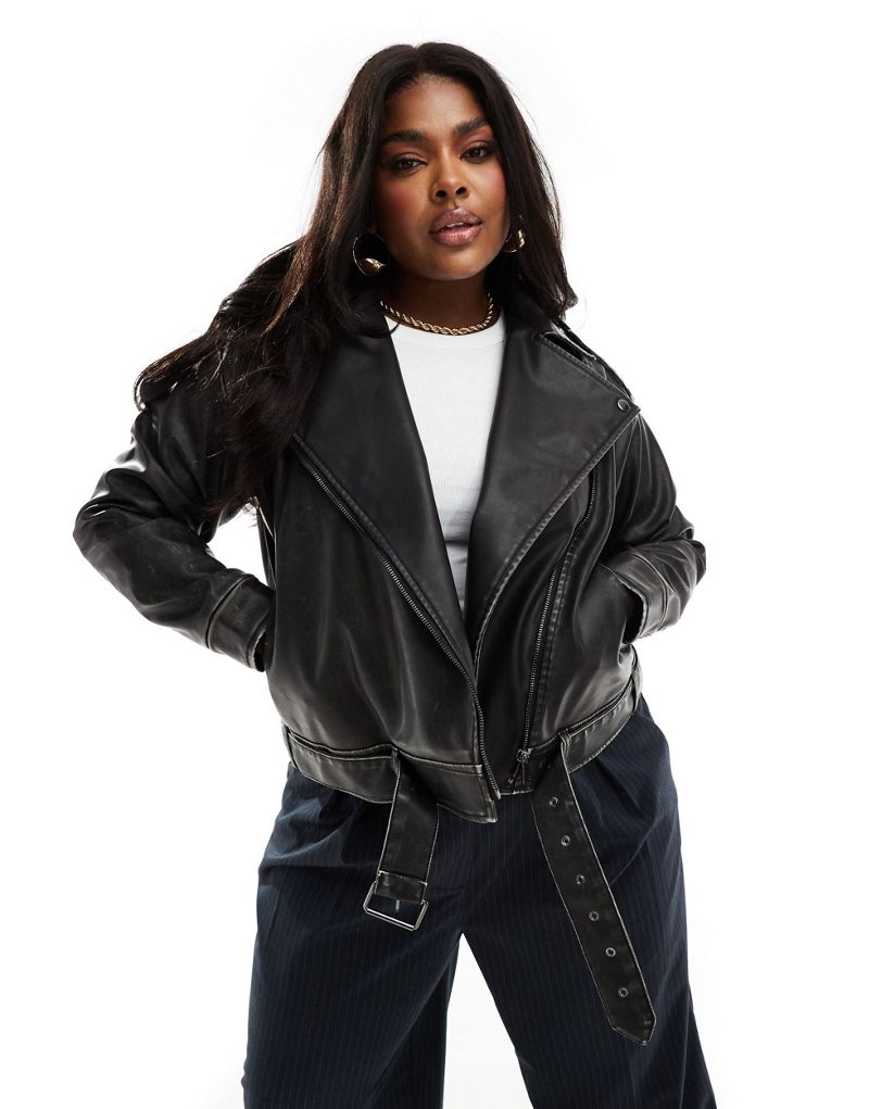 Yours PU biker jacket in charcoal Yours