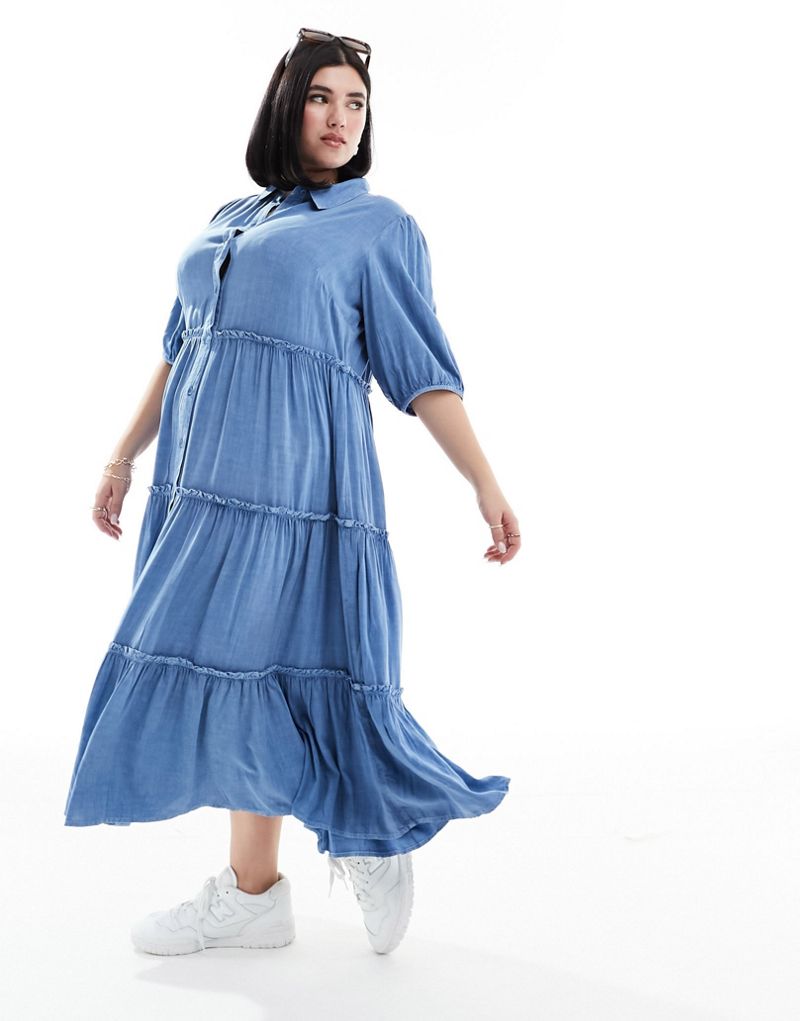 Yours tiered button maxi dress in light blue Yours