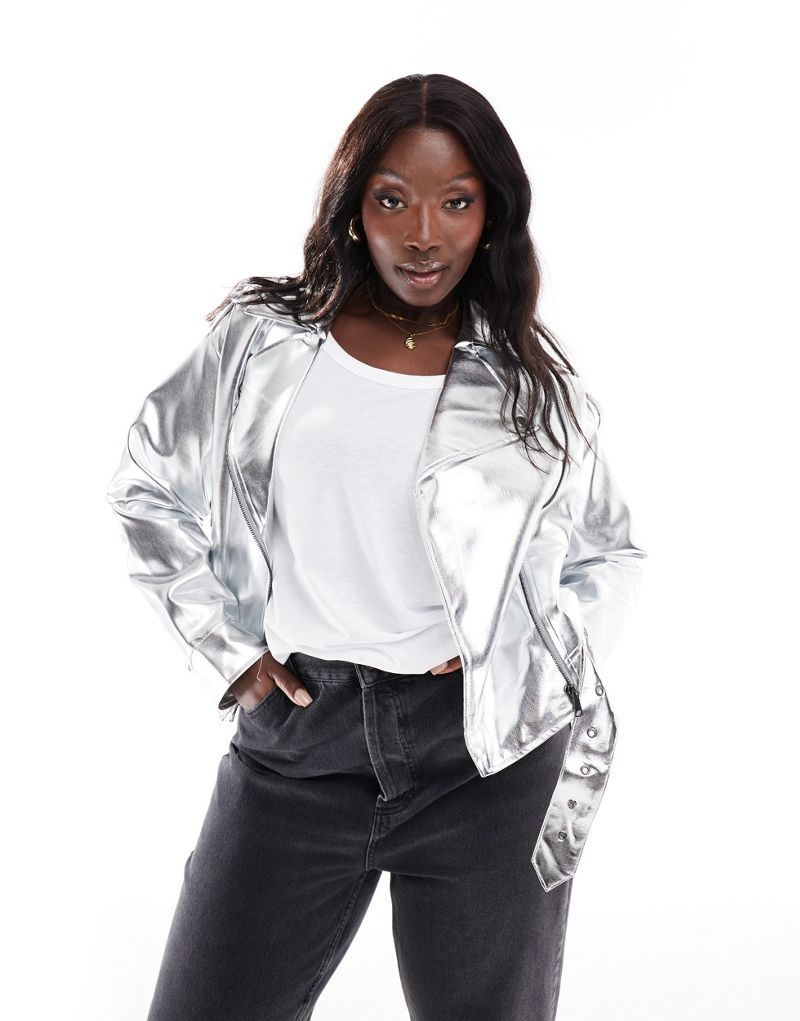 Yours metallic cropped jacket in silver Yours