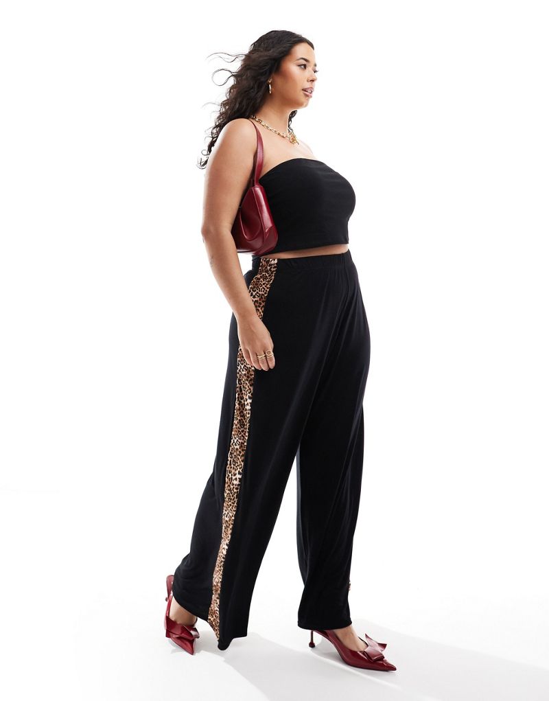 Yours wide leg pants with leopard detail in black Yours