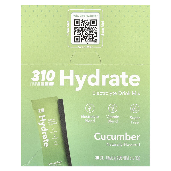 Hydrate, Electrolyte Drink Mix, Cucumber, 30 Sticks, 0.19 oz (5.4 g) Each 310 Nutrition