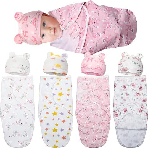 4 Pcs Baby Preemie Swaddles Blanket Wrap with Zipper Swaddles for 0-3 Months Newborn Boys Girls Cotton Swaddle Wrap(Elegant Color,Cute Style) FuWeave
