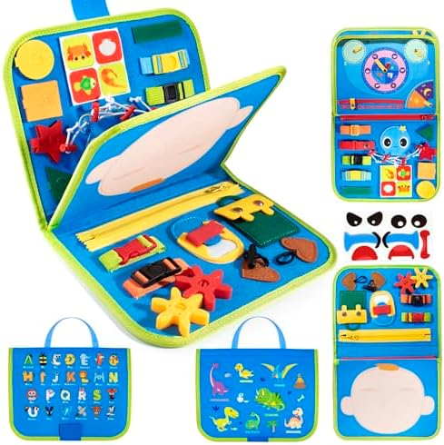 Busy Board Montessori Toy for 0 1 2 3 4 Year Old Toddlers, Sensory Board with Buckles for 0 Months Baby Education and Learning Fine Motor Skills, Travel Toys for Plane Car, Gift for Boys Girls HapKid