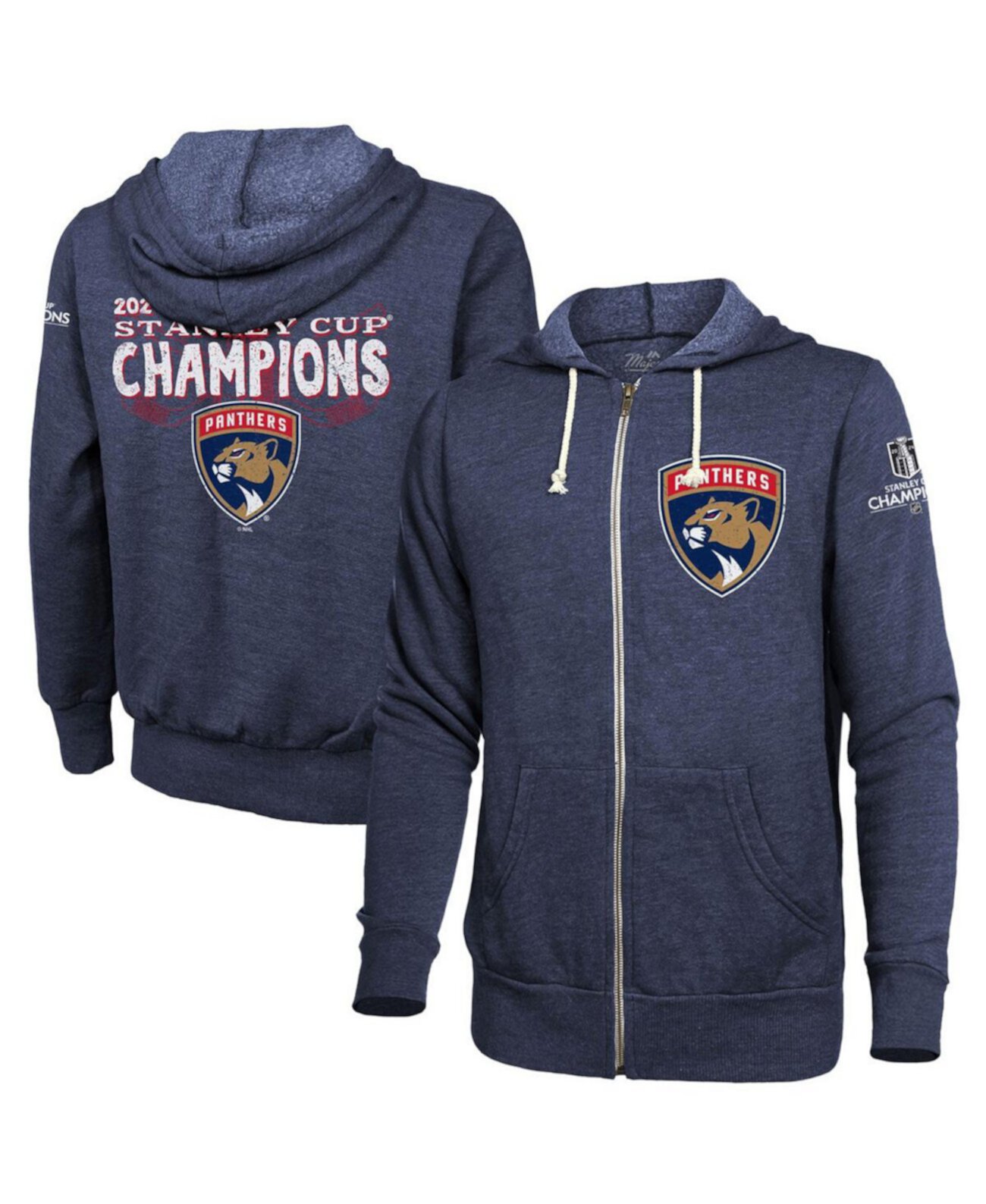 Men's Navy Florida Panthers 2024 Stanley Cup Champions Tri-Blend Full-Zip Hoodie Jacket Majestic