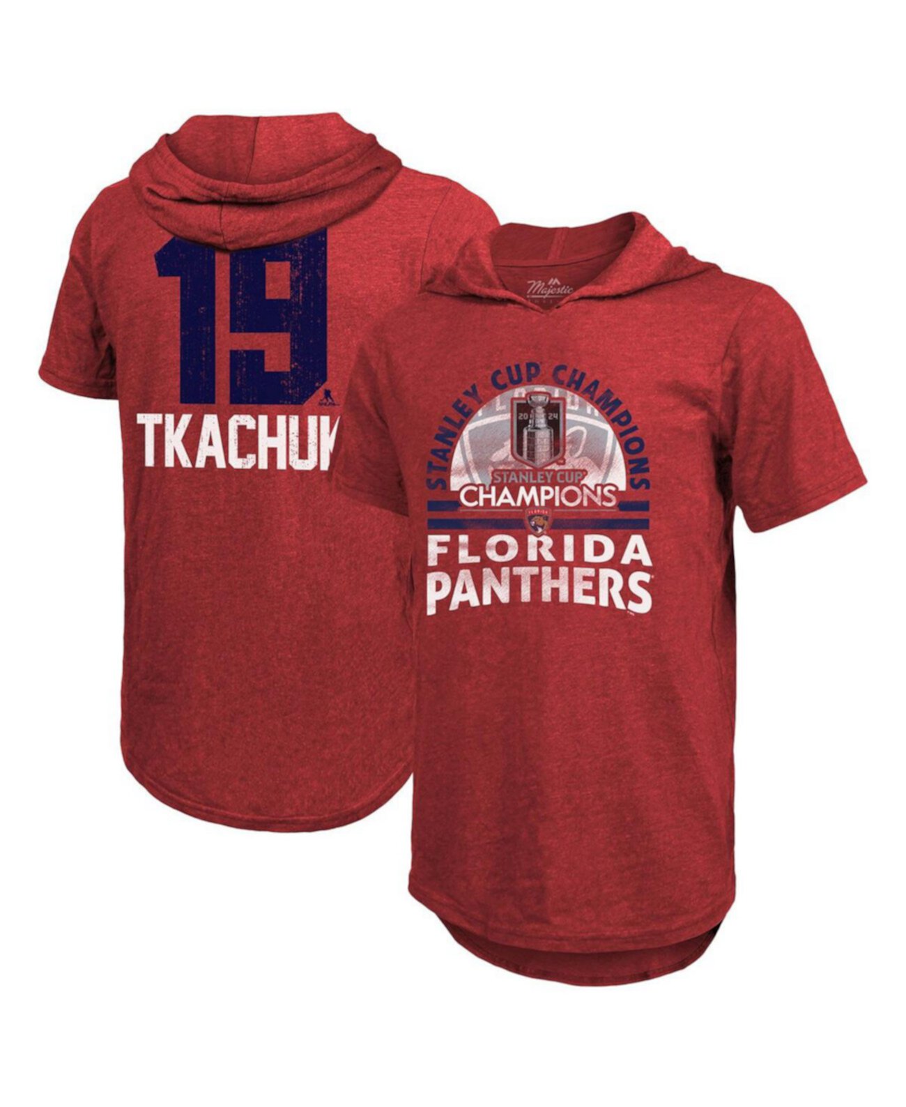 Men's Matthew Tkachuk Red Florida Panthers 2024 Stanley Cup Champions Tri-Blend Short Sleeve Name Number Pullover Hoodie Top Majestic