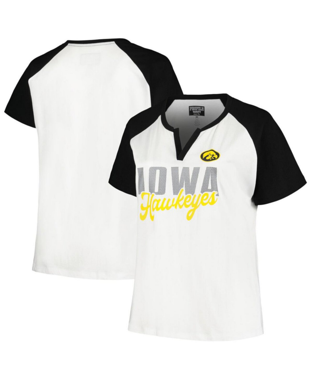 Women's White/Black Iowa Hawkeyes Plus Size Best Squad Shimmer Raglan Notch Neck T-Shirt Profile