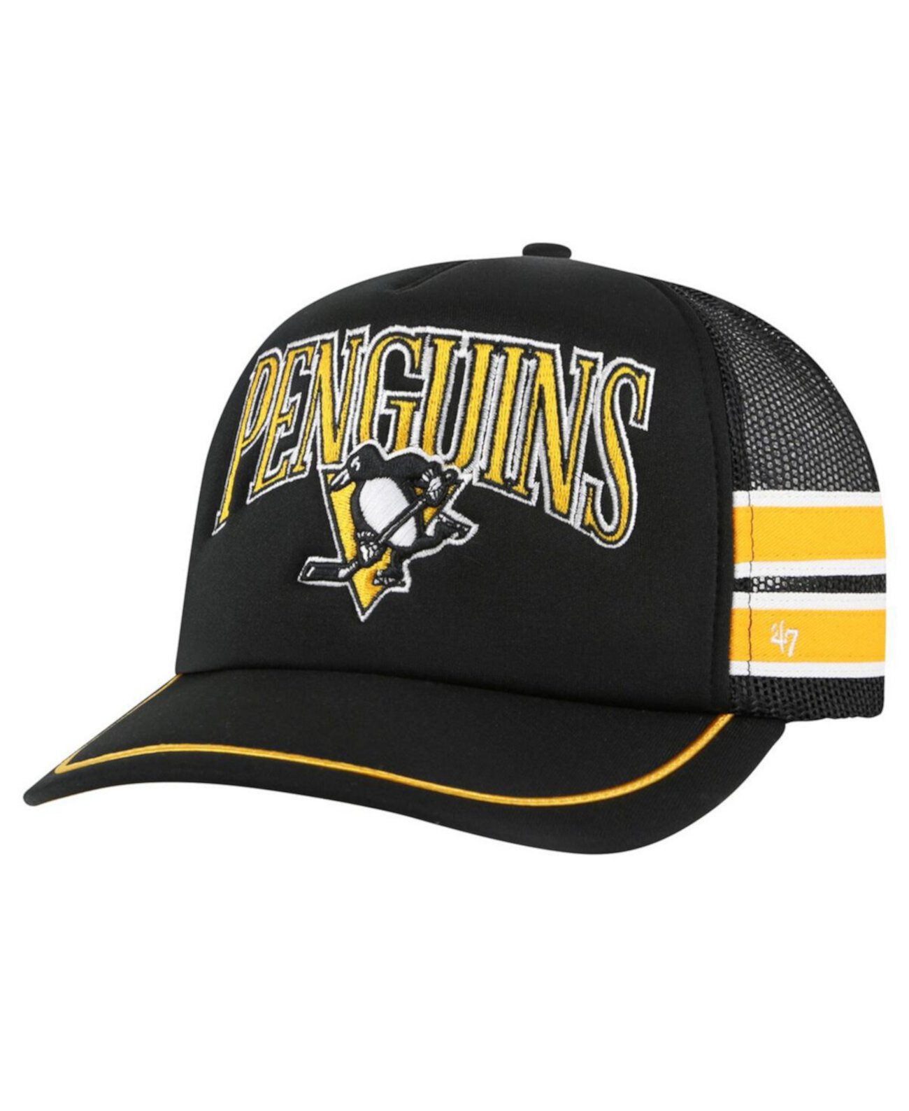 Men's Black Pittsburgh Penguins Sideband Stripes Trucker Snapback Hat '47 Brand