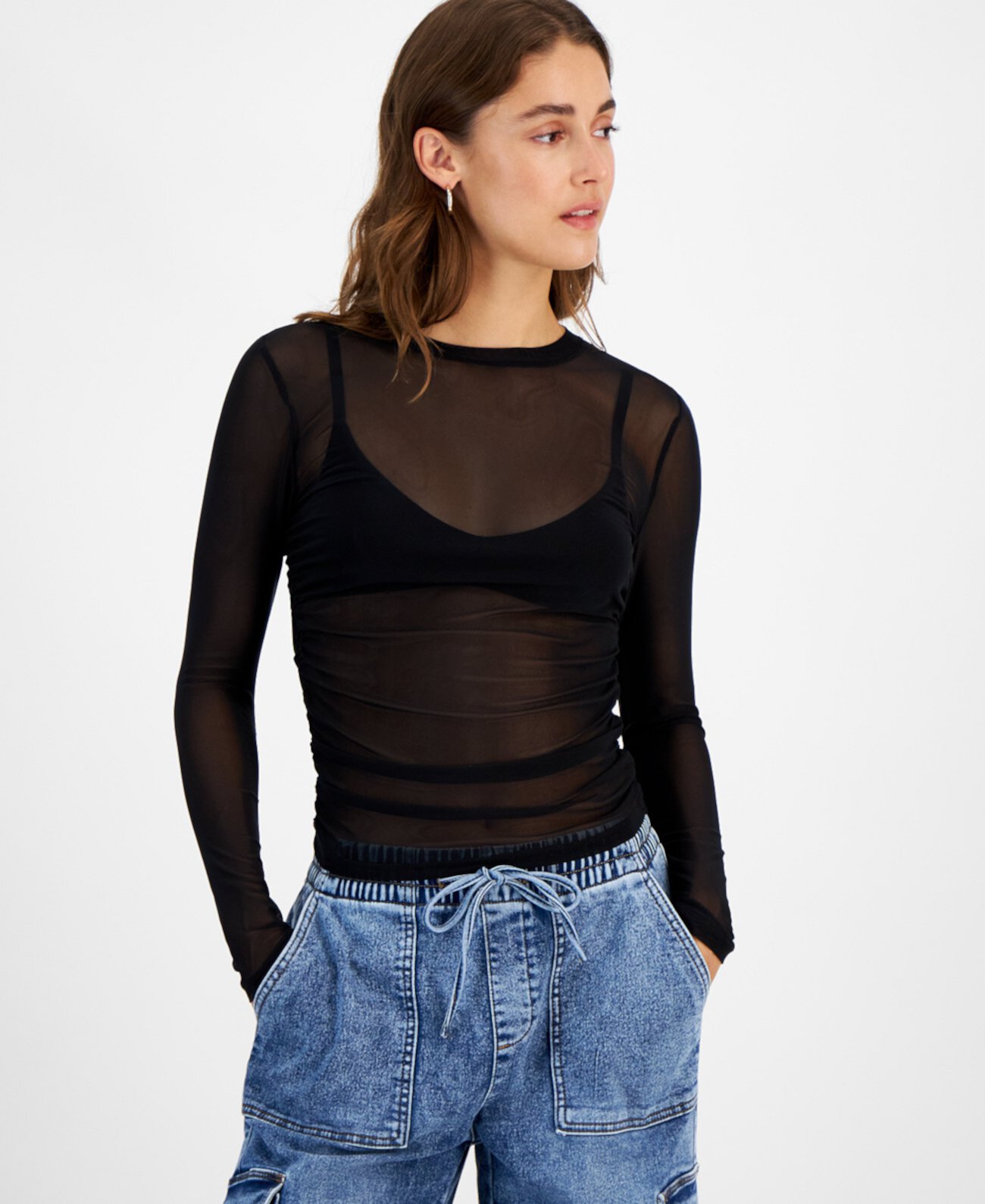 Juniors' Side-Ruched Long-Sleeve Mesh Top Just Play