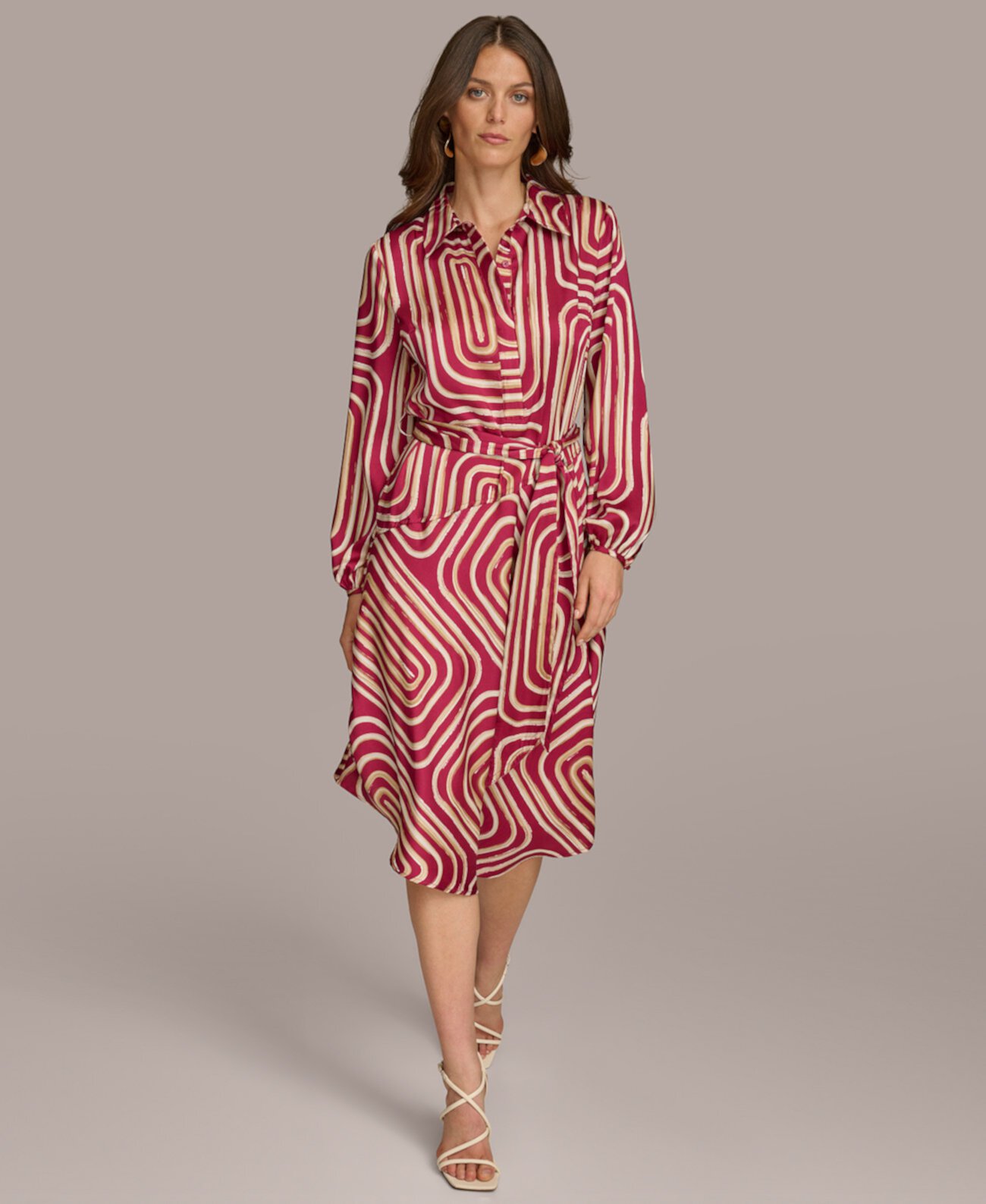 Women's Printed Button-Front Belted Dress Donna Karan New York