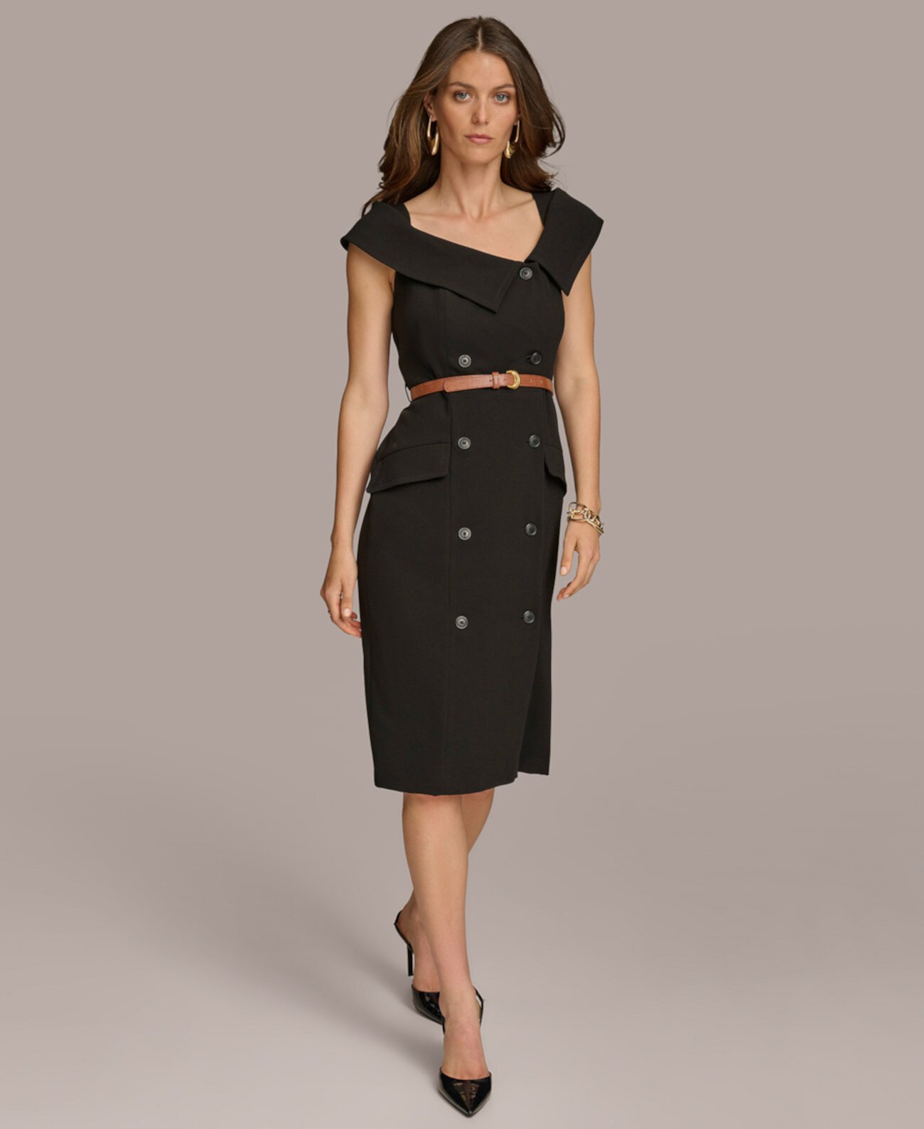 Women's Asymmetric-Neck Double-Breasted Dress Donna Karan New York