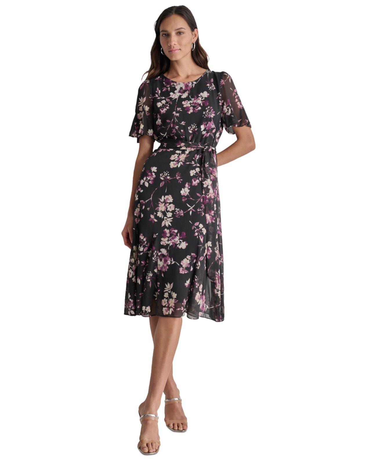 Women's Floral Flutter-Sleeve Belted Dress DKNY