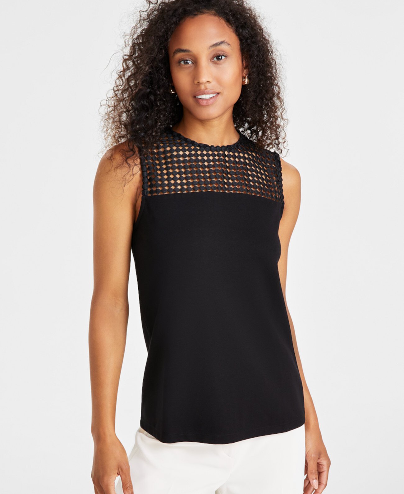 Women's Serenity-Knit Lace-Yoke Sleeveless Top Anne Klein