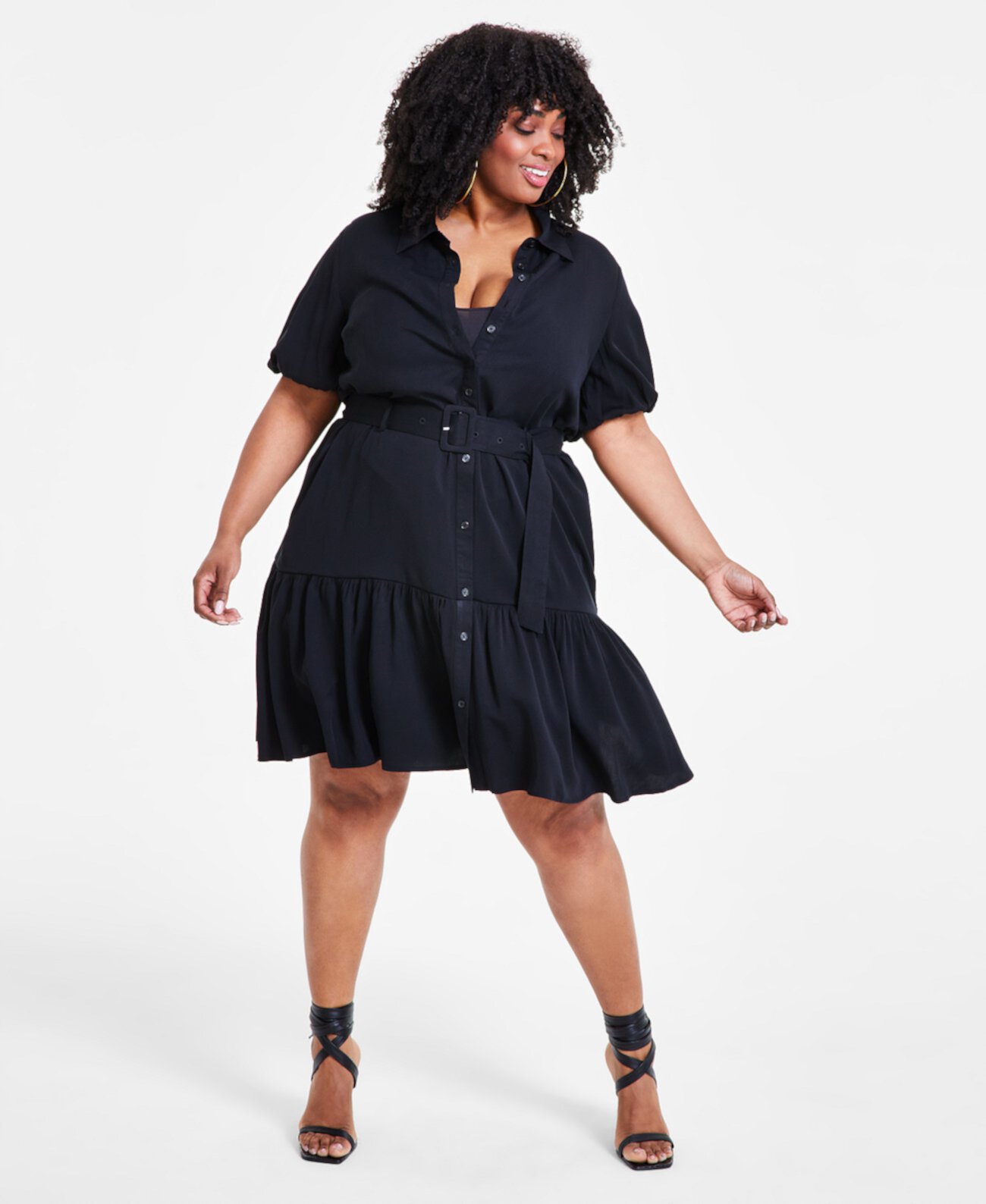 Trendy Plus Size Puff-Sleeve Tiered Mini Dress, Created for Macy's Nina Parker