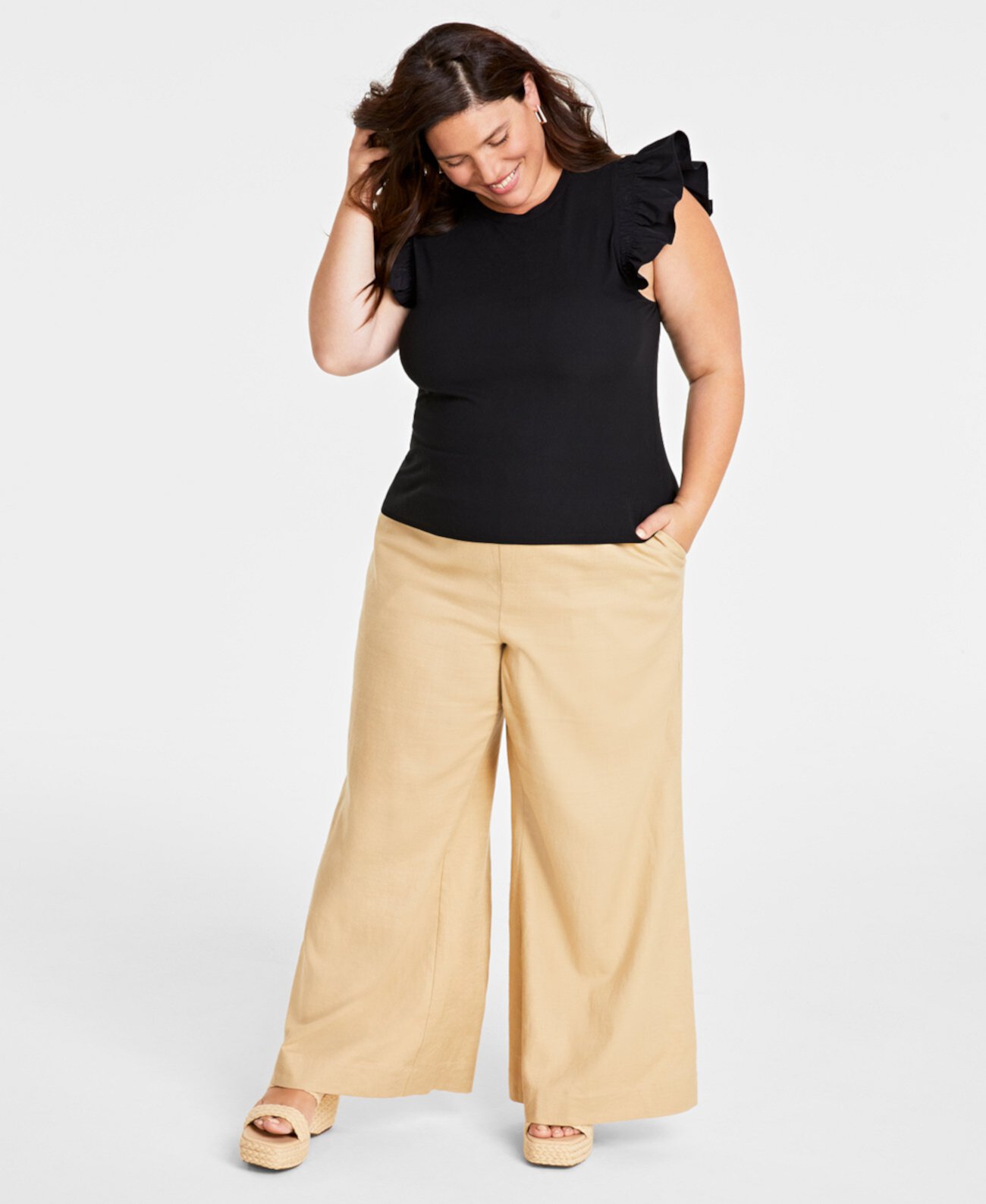 Trendy Plus Size Crewneck Flutter-Sleeve Top, Created for Macy's On 34th