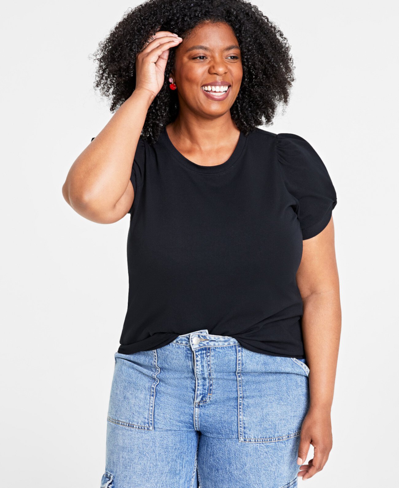 Trendy Plus Size Knot-Detail Puff-Sleeve Top, Created for Macy's On 34th