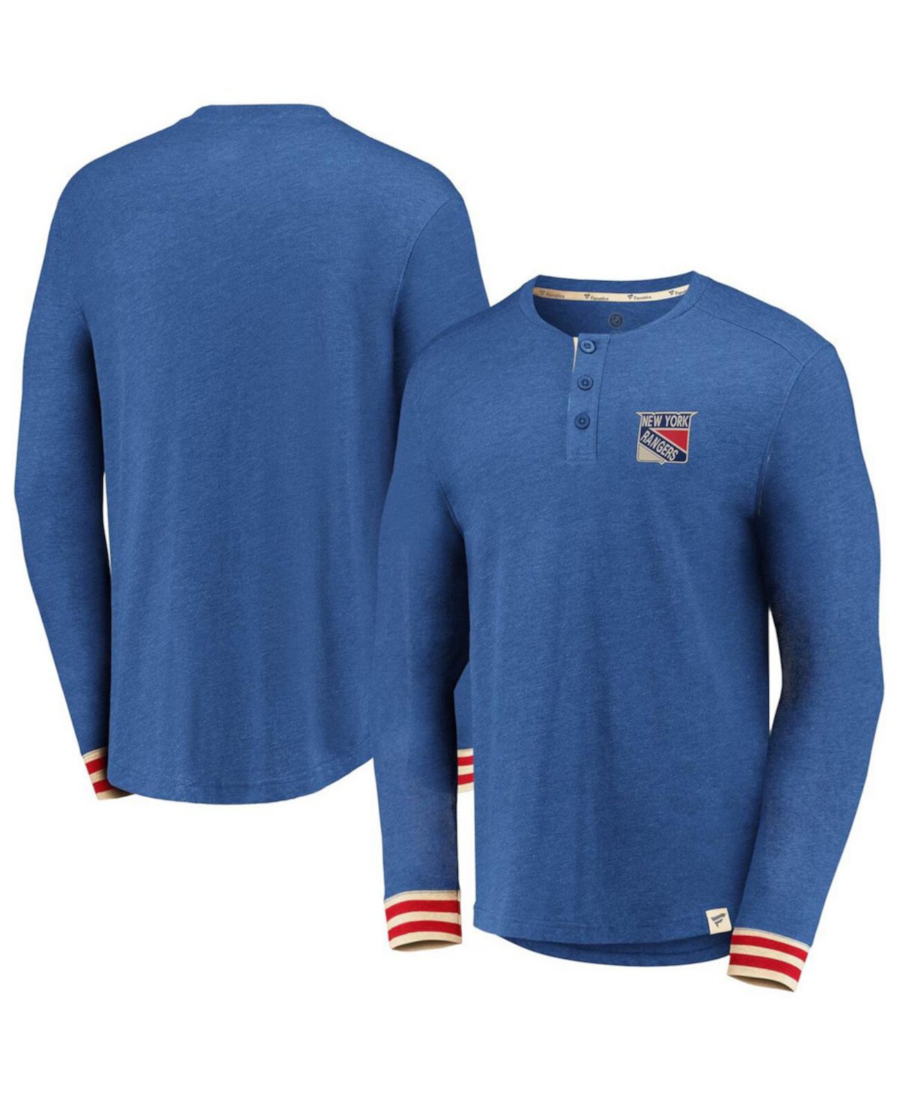 Fanatics Men's Heathered Blue New York Rangers True Classics Henley Long Sleeve T-Shirt Lids